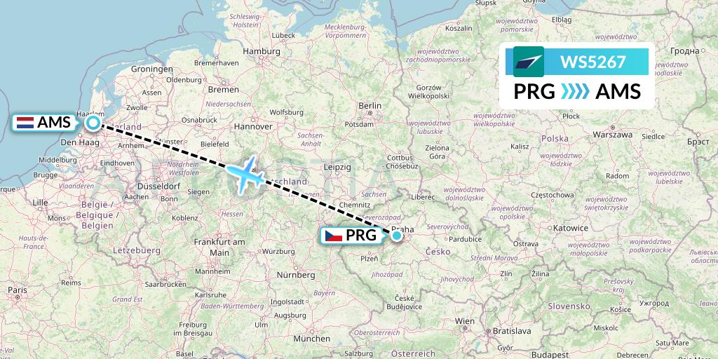 WS5267 WestJet Flight Map: Prague to Amsterdam