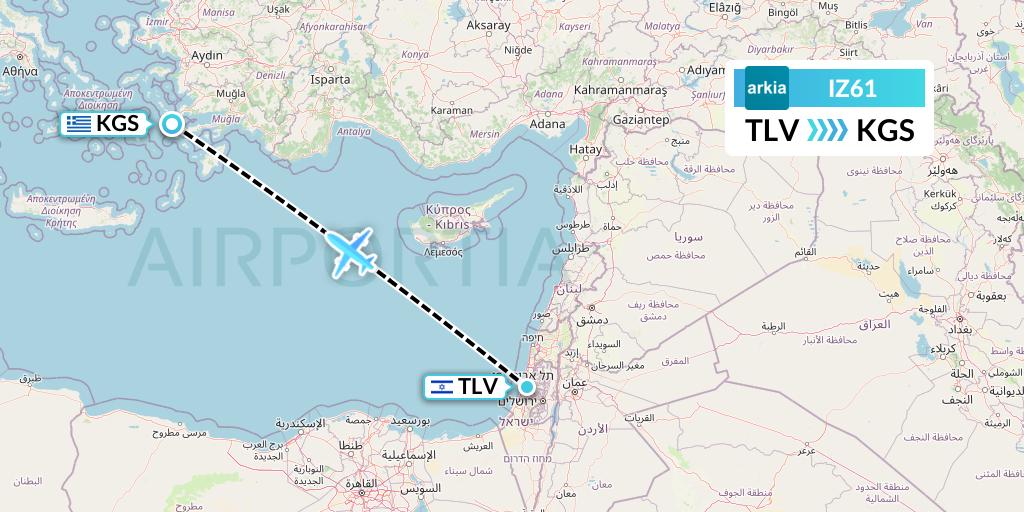 IZ61 Arkia Israeli Airlines Flight Map: Tel Aviv to Kos