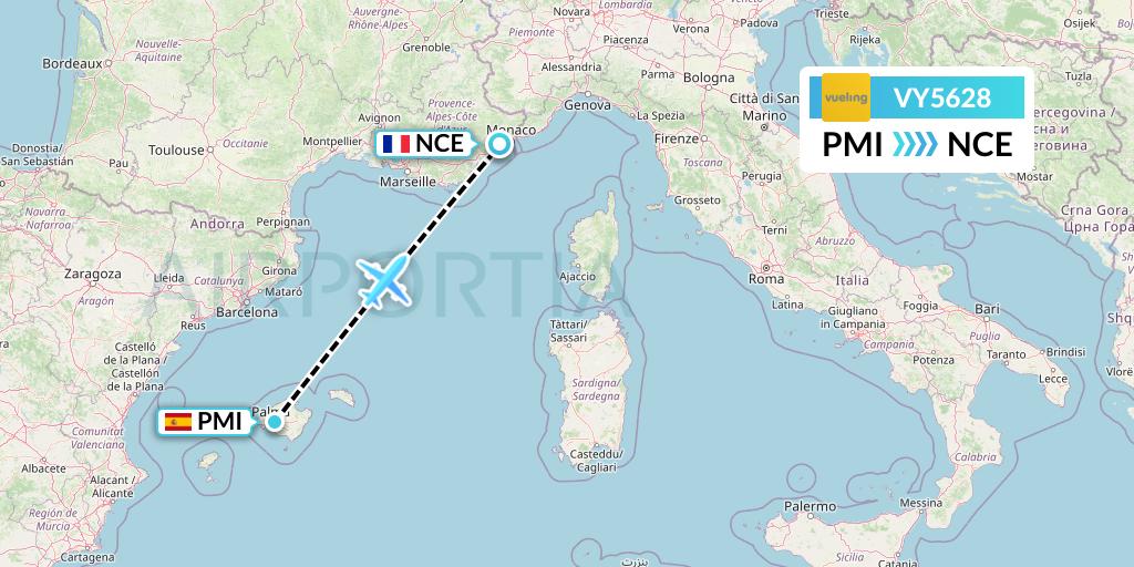 VY5628 Vueling Flight Map: Palma de Mallorca to Nice