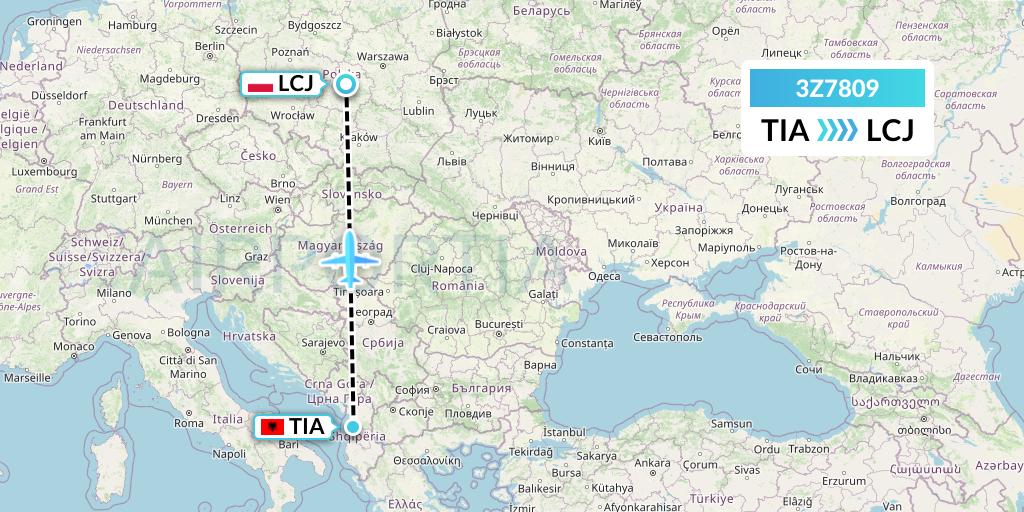 3Z7809 Travel Service Polska Flight Map: Tirana to Lodz