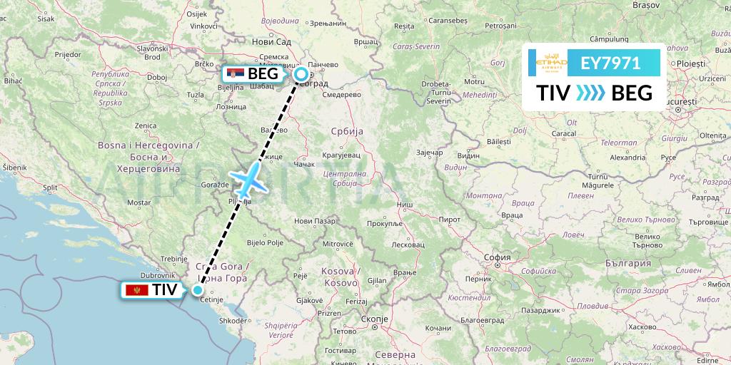 EY7971 Etihad Airways Flight Map: Tivat to Belgrade