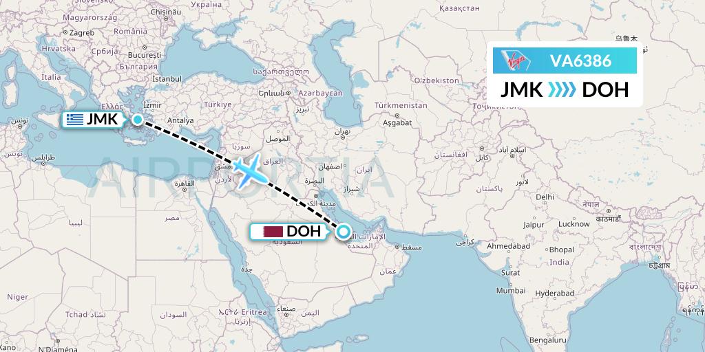 VA6386 Virgin Australia Flight Map: Mykonos to Doha