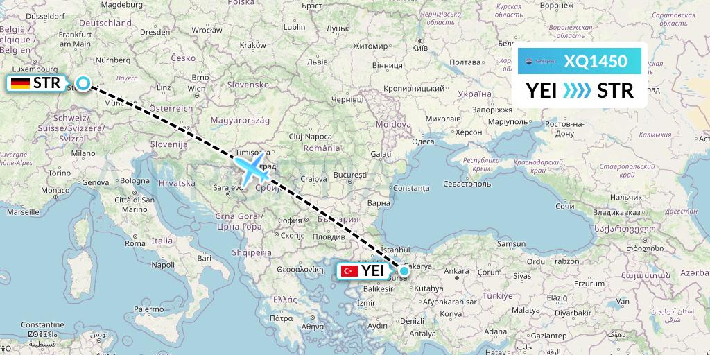 XQ1450 SunExpress Flight Map: Bursa to Stuttgart