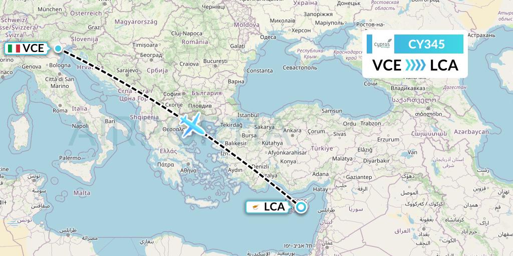 CY345 Cyprus Airways Flight Map: Venice to Larnaca