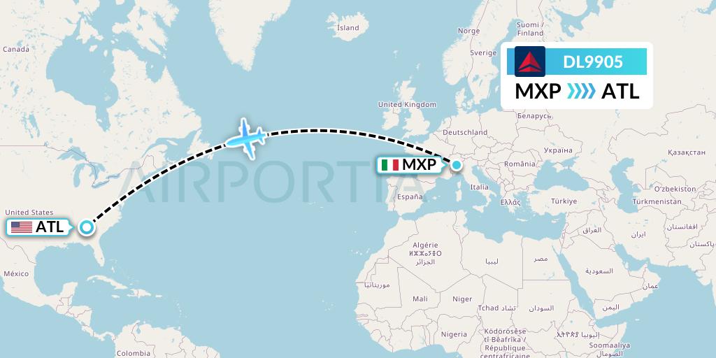DL9905 Delta Air Lines Flight Map: Milan to Atlanta