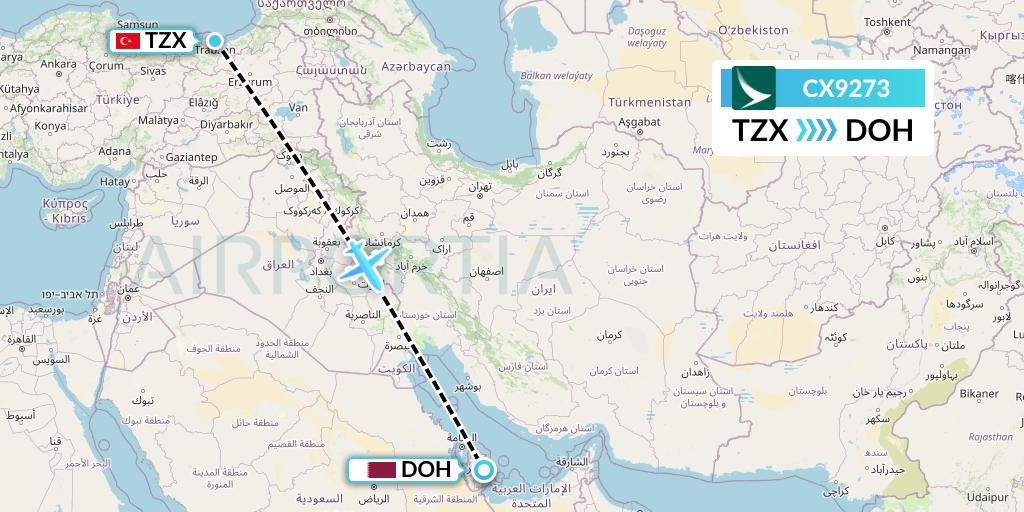 CX9273 Cathay Pacific Flight Map: Trabzon to Doha
