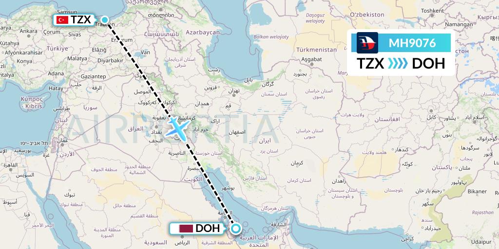 MH9076 Malaysia Airlines Flight Map: Trabzon to Doha