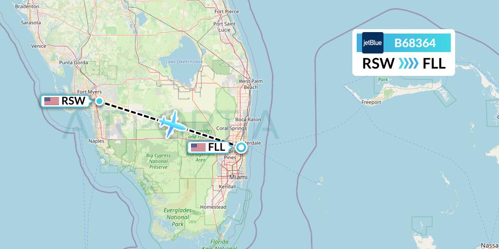 B68364 JetBlue Airways Flight Map: Fort Myers to Fort Lauderdale