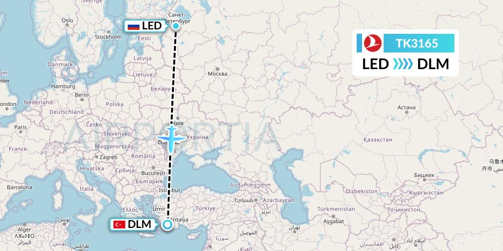 TK3165 Turkish Airlines Flight Map: St. Petersburg to Dalaman