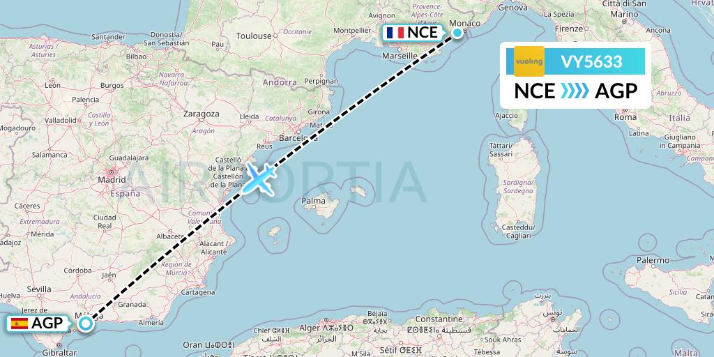 VY5633 Vueling Flight Map: Nice to Malaga