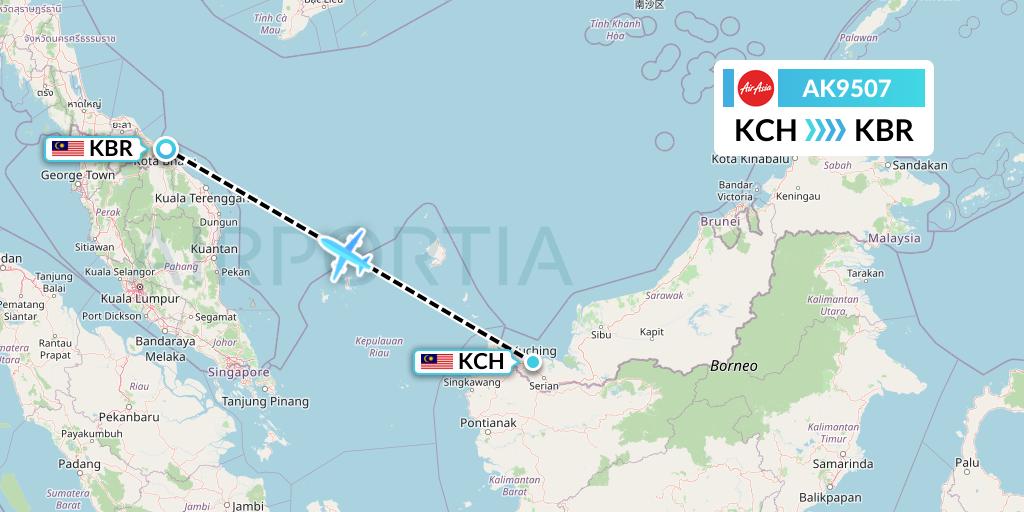 AK9507 AirAsia Flight Map: Kuching to Kota Bharu