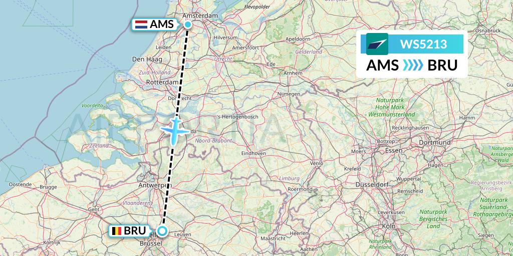 WS5213 WestJet Flight Map: Amsterdam to Brussels