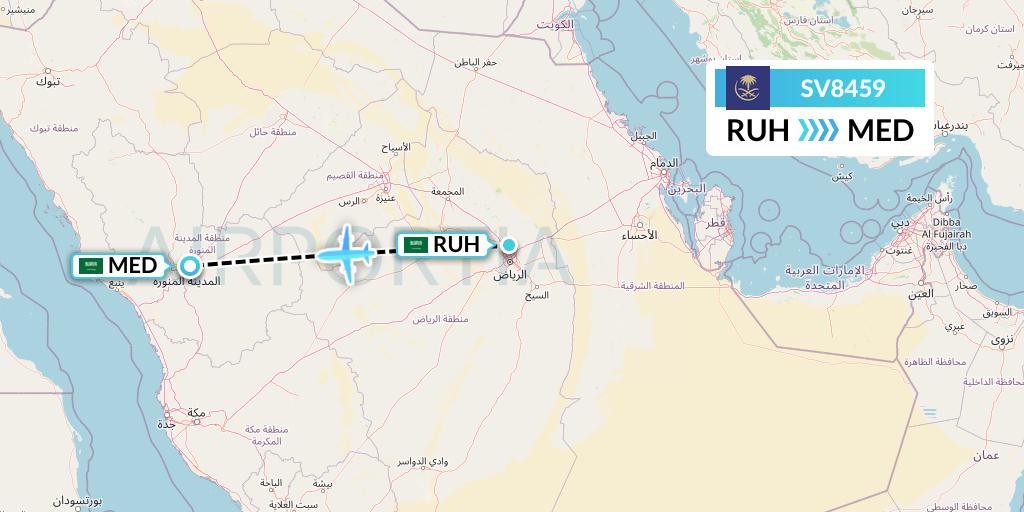 SV8459 Saudi Arabian Airlines Flight Map: Riyadh to Medina