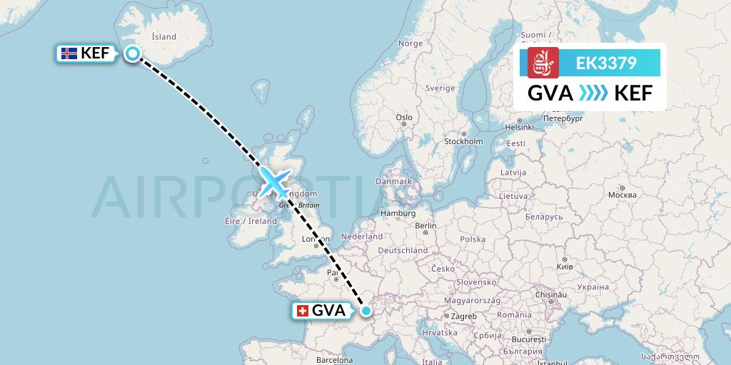 EK3379 Emirates Flight Map: Geneva to Reykjavik