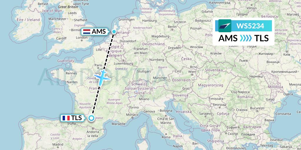 WS5234 WestJet Flight Map: Amsterdam to Toulouse