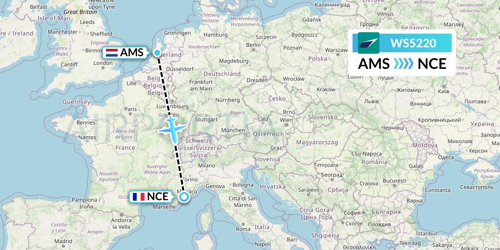 WS5220 WestJet Flight Map: Amsterdam to Nice