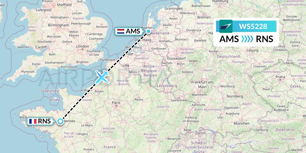 WS5228 WestJet Flight Map: Amsterdam to Rennes