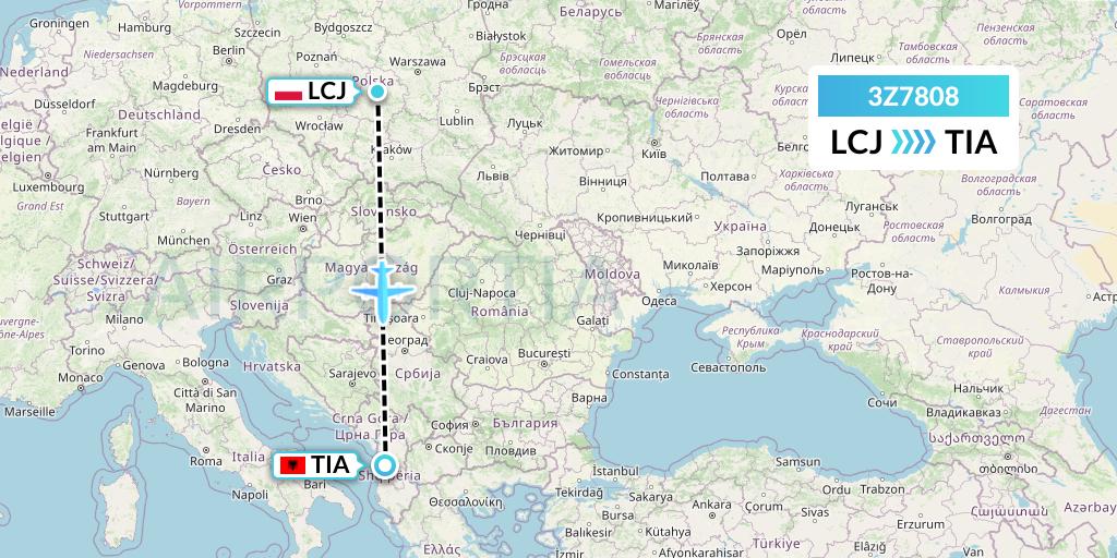 3Z7808 Travel Service Polska Flight Map: Lodz to Tirana