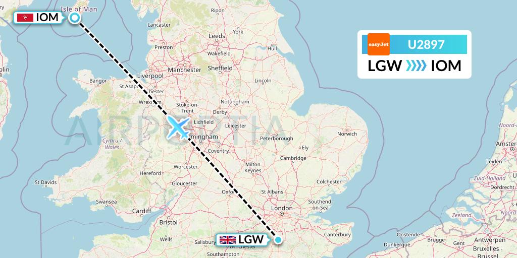 U2897 EasyJet Flight Map: London to Isle of Man