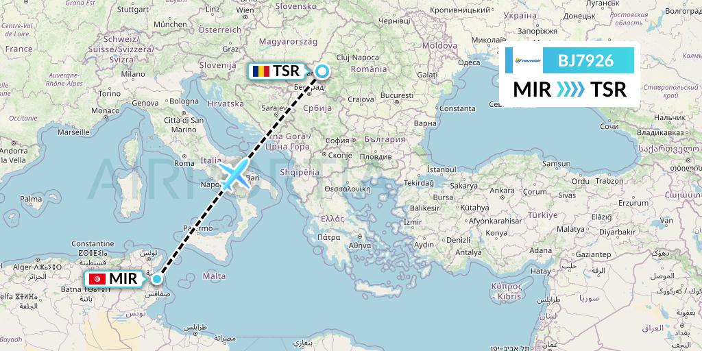 BJ7926 Nouvelair Tunisie Flight Map: Monastir to Timisoara