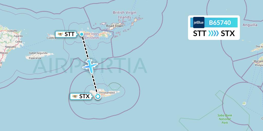 B65740 JetBlue Airways Flight Map: St. Thomas to St. Croix