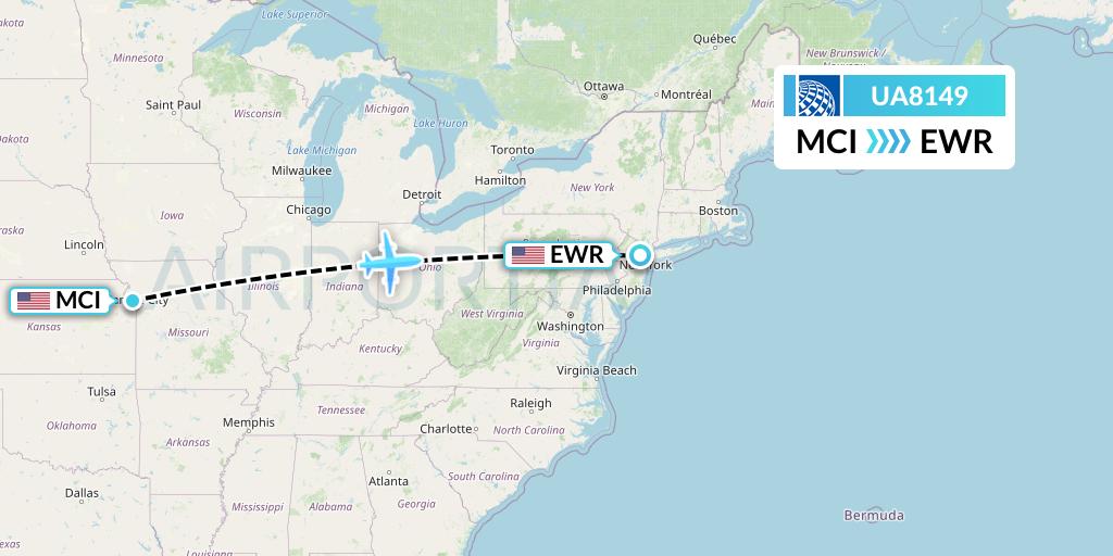 UA8149 United Airlines Flight Map: Kansas City to New York