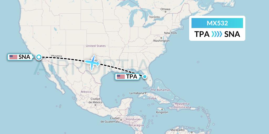 MX532 Breeze Airways Flight Map: Tampa to Orange County