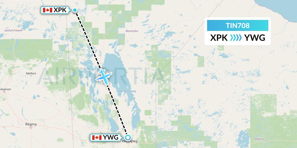 TIN708 Air Tindi Flight Map: Pukatawagan to Winnipeg