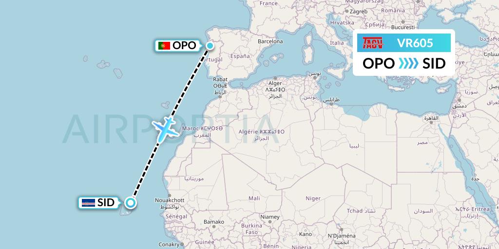 VR605 TACV Cape Verde Airlines Flight Map: Porto to Espargos