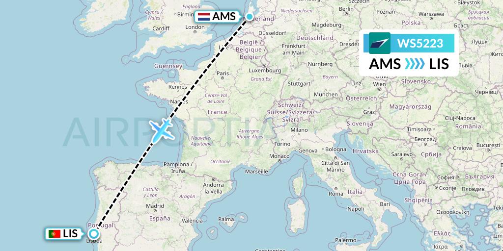 WS5223 WestJet Flight Map: Amsterdam to Lisbon