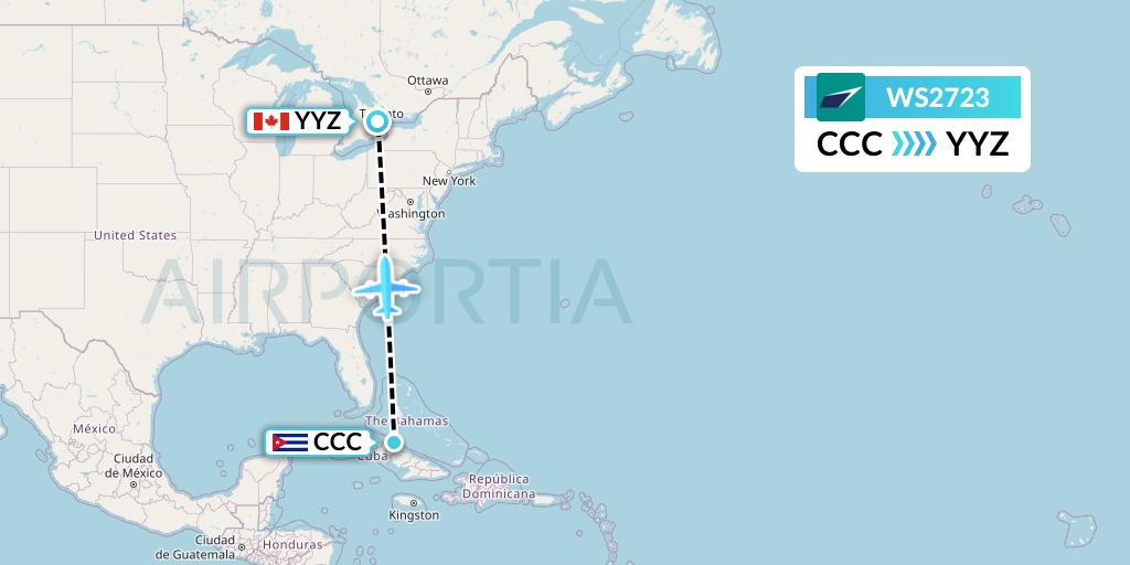 WS2723 WestJet Flight Map: Cayo Coco to Toronto