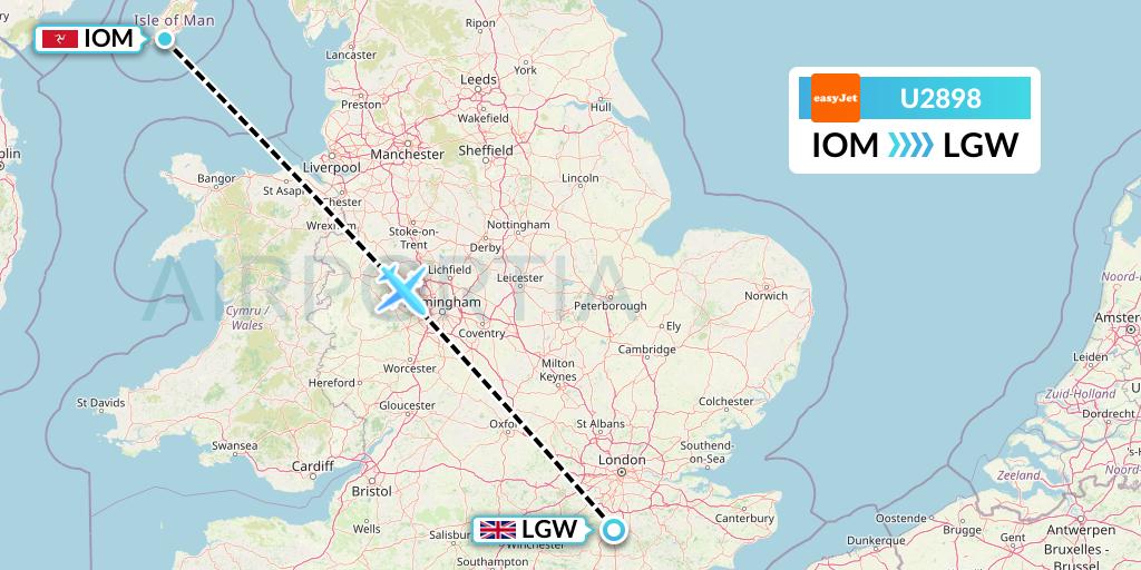 U2898 EasyJet Flight Map: Isle of Man to London