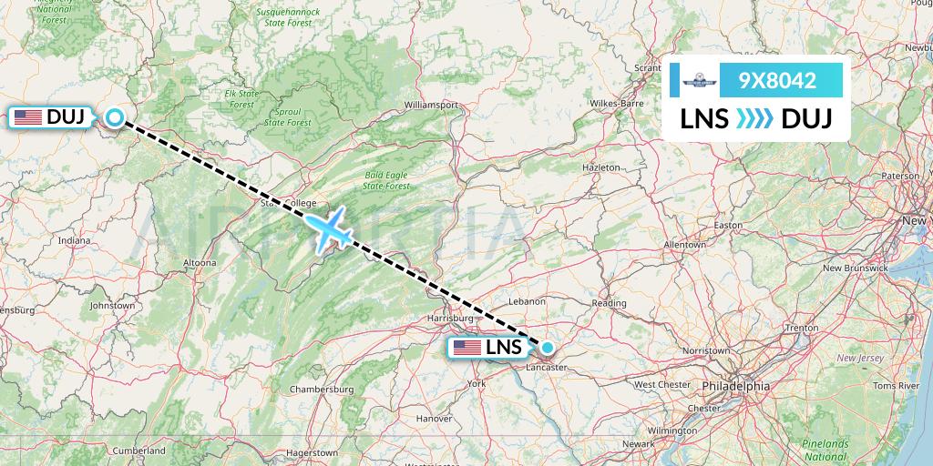 9X8042 Southern Airways Express Flight Map: Lancaster to Dubois