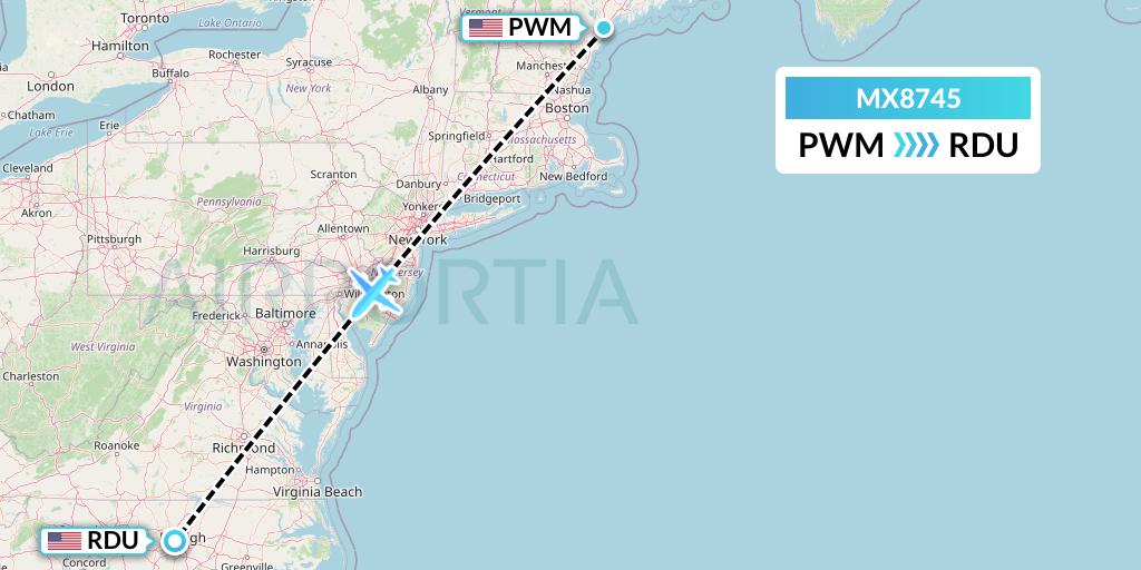 MX8745 Breeze Airways Flight Map: Portland to Raleigh-Durham
