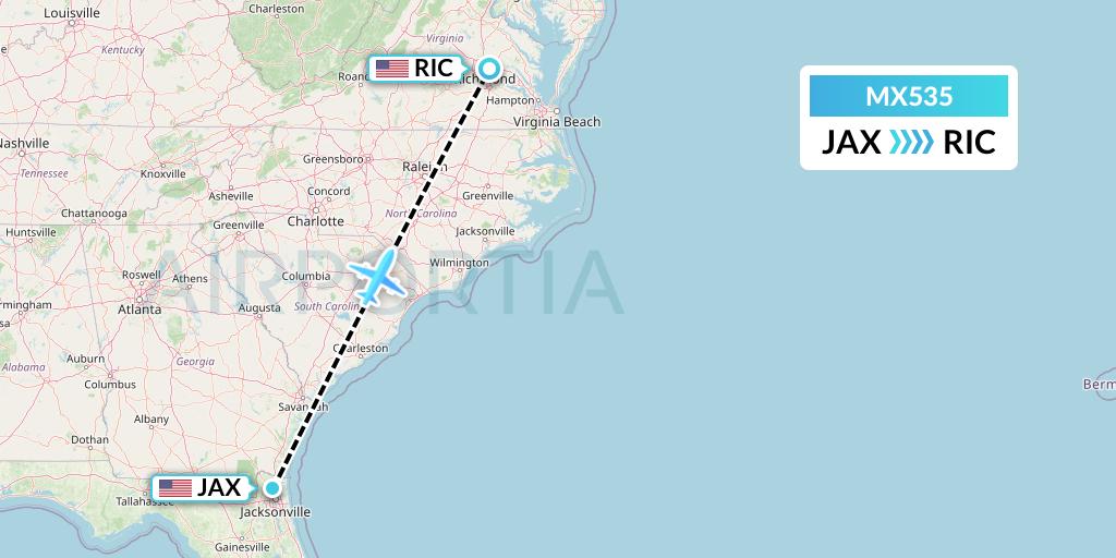 MX535 Breeze Airways Flight Map: Jacksonville to Richmond