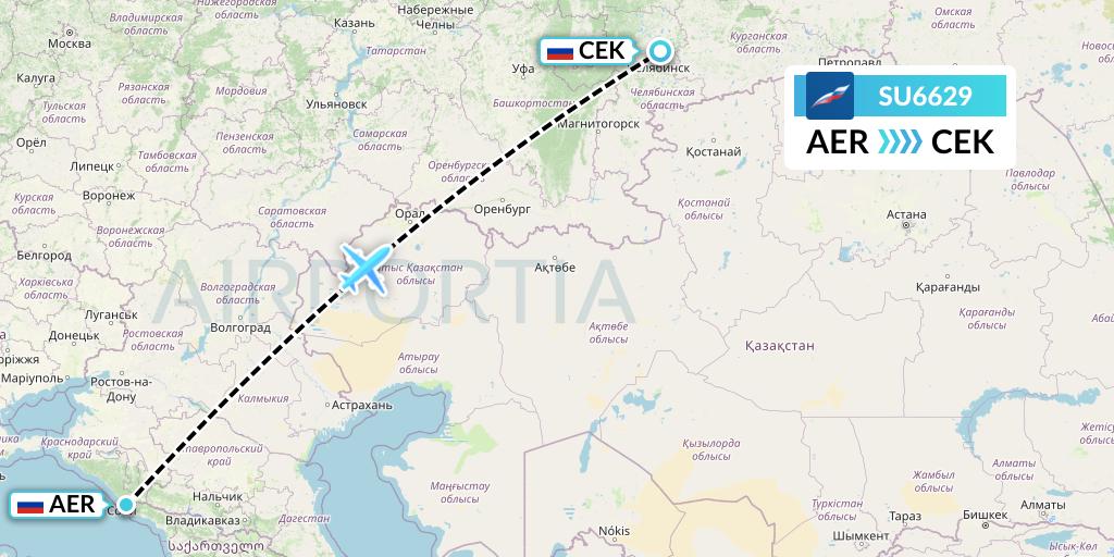 SU6629 Aeroflot Flight Map: Sochi to Chelyabinsk