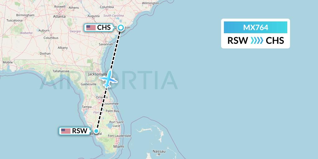 MX764 Breeze Airways Flight Map: Fort Myers to Charleston