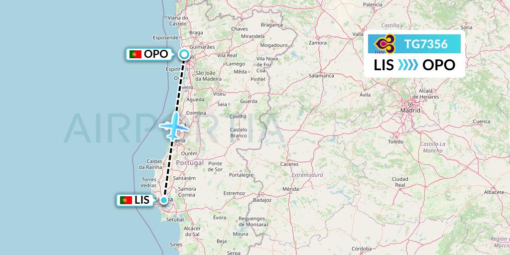 TG7356 Thai Airways Flight Map: Lisbon to Porto