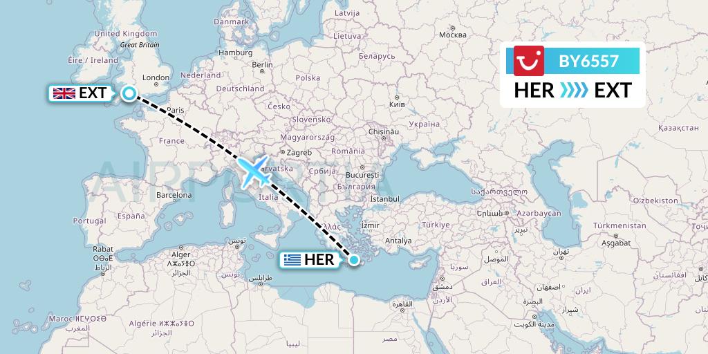 BY6557 TUI Airways Flight Map: Heraklion to Exeter