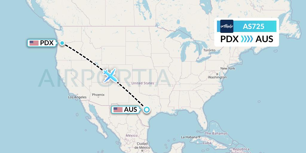 AS725 Alaska Airlines Flight Map: Portland to Austin
