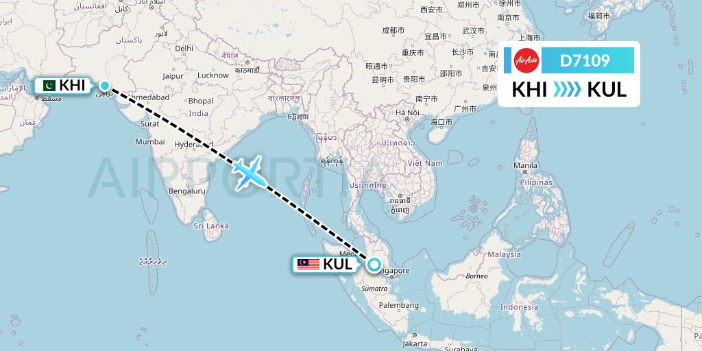 D7109 AirAsia X Flight Map: Karachi to Kuala Lumpur
