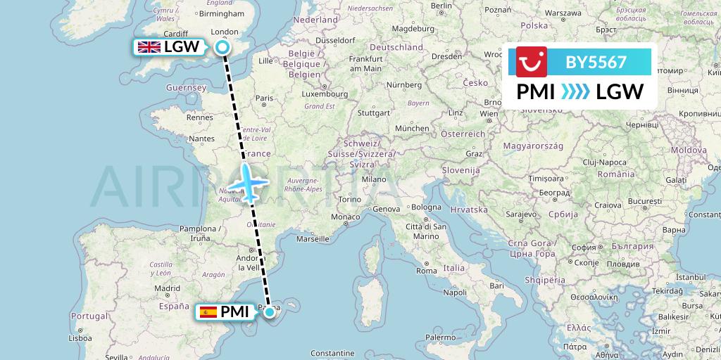 BY5567 TUI Airways Flight Map: Palma de Mallorca to London
