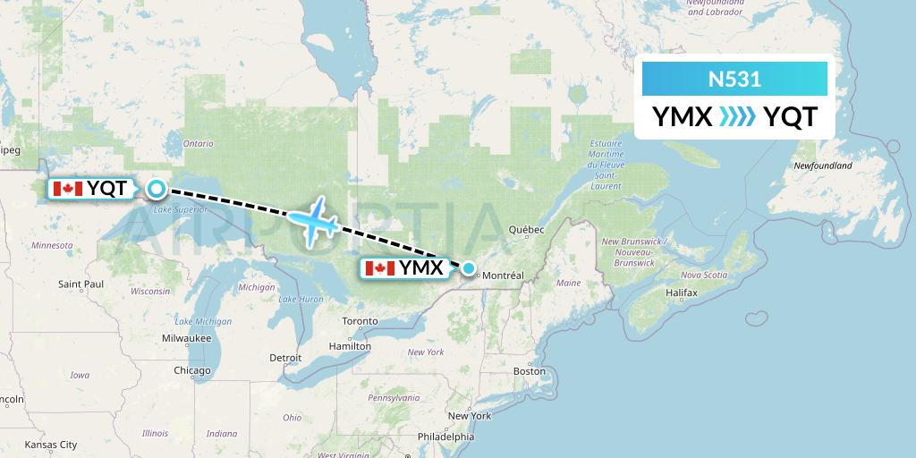 N531 Nolinor Aviation Flight Map: Montreal to Thunder Bay