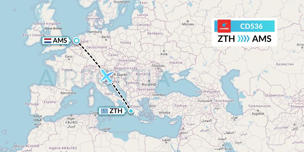 CD536 Dutch Corendon Airlines Flight Map: Zakynthos to Amsterdam