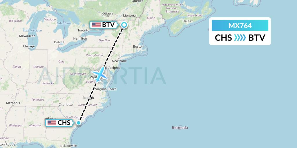 MX764 Breeze Airways Flight Map: Charleston to Burlington