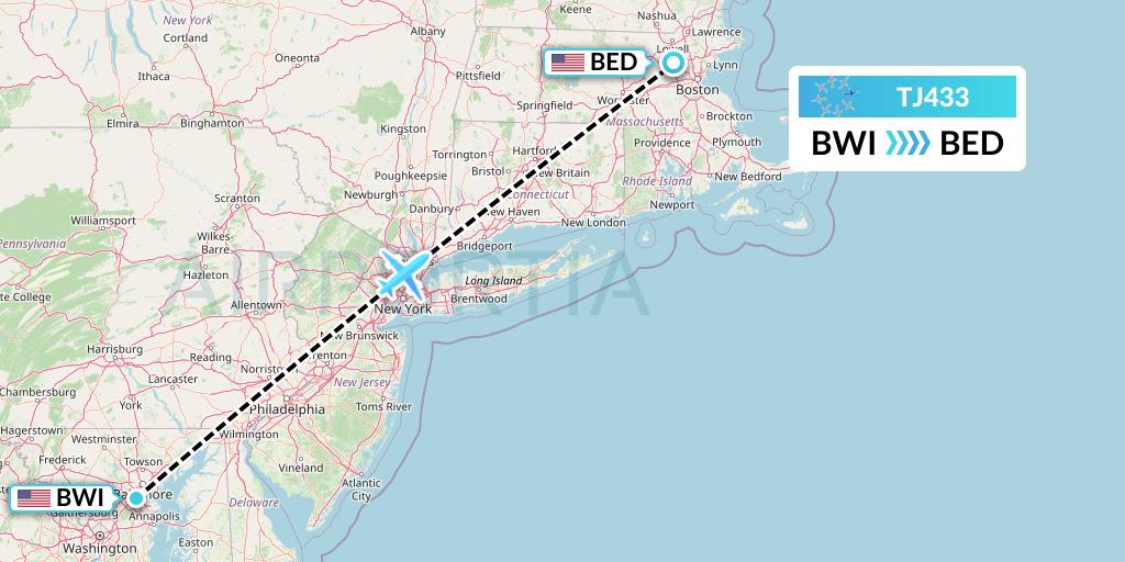 TJ433 Tradewind Aviation Flight Map: Baltimore to Bedford