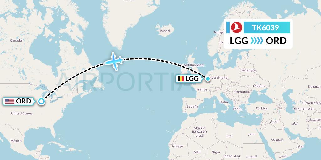 TK6039 Turkish Airlines Flight Map: Liege to Chicago