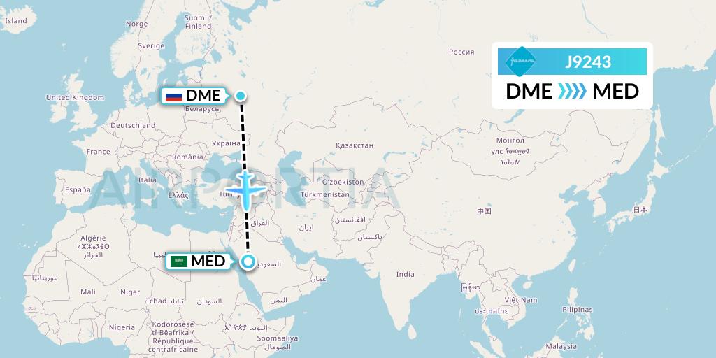 J9243 Jazeera Airways Flight Map: Moscow to Medina