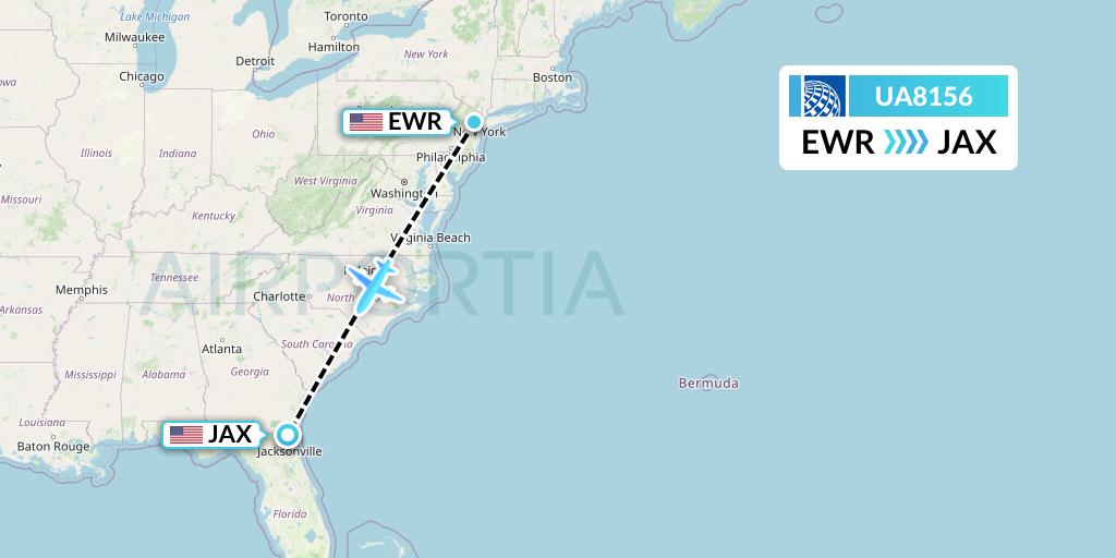UA8156 United Airlines Flight Map: New York to Jacksonville