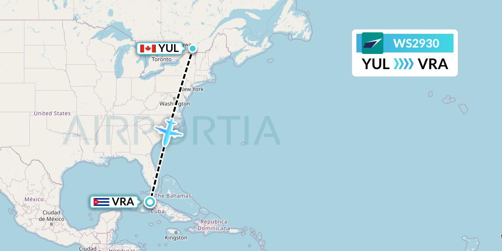 WS2930 WestJet Flight Map: Montreal to Varadero